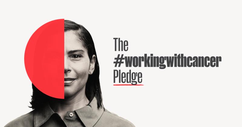 Image shows a woman face on to the camera, half her first is obscured by a red semi circle. The text reads: The #workingwithcancer Pledge.