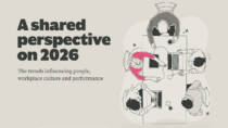 Illustration of five people working around a table, with the title “A shared perspective on 2026 – The trends influencing people, workplace culture and performance.”