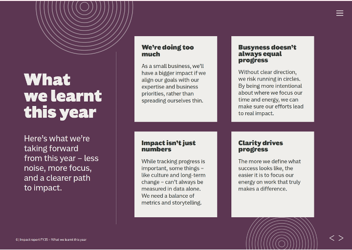 Something Big impact report page titled ‘What we learnt this year’, highlighting lessons on focus, progress, storytelling and clarity.